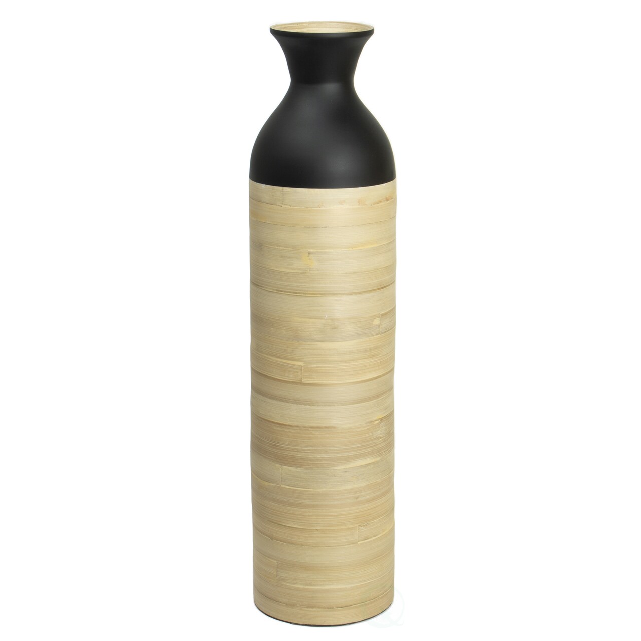 Elegant Black or White Cylinder Shaped Tall Spun Bamboo Floor Vases, Embellished with a Glossy Lacquer, and Enhanced with Natural Bamboo Finish - Stylish Home Decor, Heights of 31 and 23.5 Inches